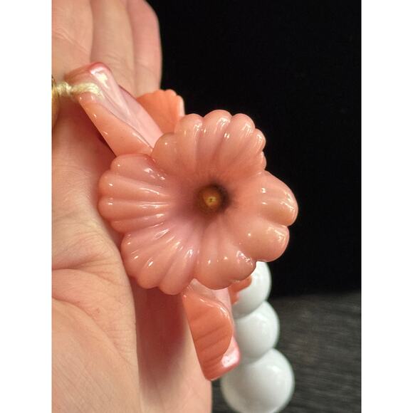 Vintage Large Statement Beaded Pink Hibiscus With White And Gold Tone Beads - Picture 5 of 6